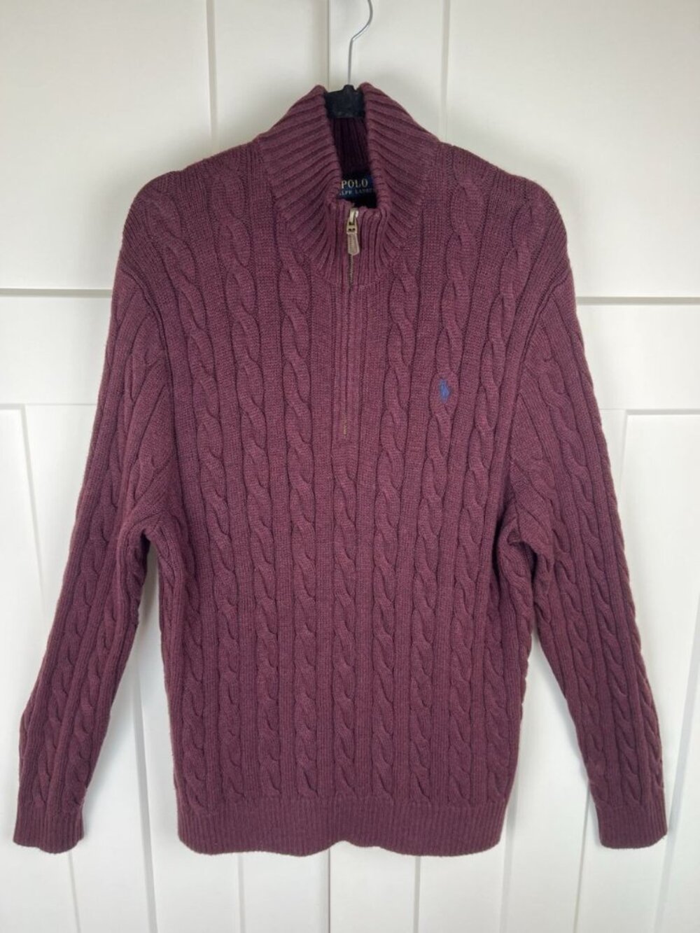 Polo Ralph Lauren Cable Knit Quarter Zip Sweater XL Maroon Cotton Blue Pony Mock